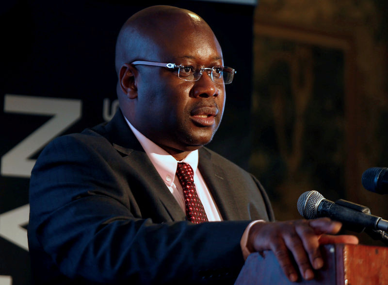 © Reuters. FILE PHOTO: Zimbabwe's Minister of Mines Winston Chitando speaks at a mining investment conference in Harare