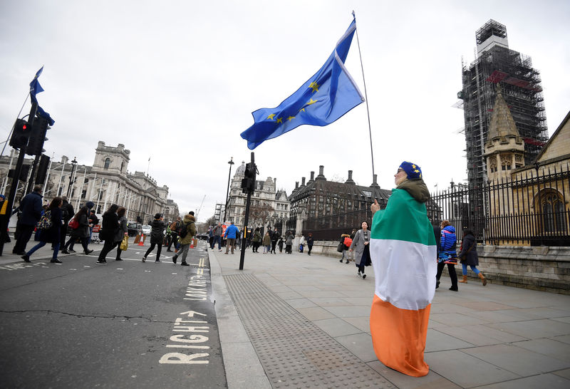 © Reuters. Manifestante anti-Brexit vestida com bandeira da Irlanda e segurando bandeira da UE em frente ao Parlamento britânico, em Londres