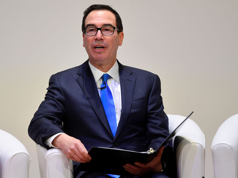 © Reuters. U.S. Secretary of the Treasury Steven Mnuchin speaks at the Jordan Growth and Opportunity Conference in London