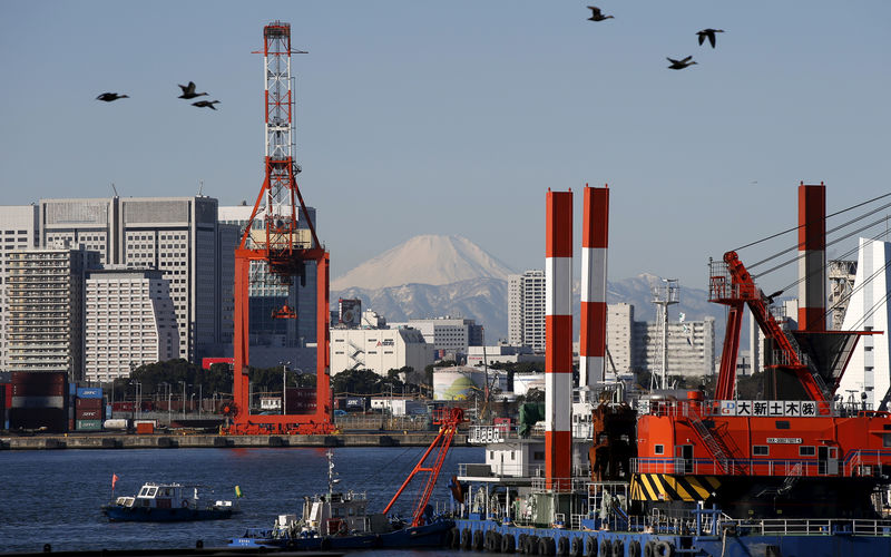 © Reuters. FILE PHOTO - Birds fly in front of Mt. Fuji and a crane at a port in Tokyo