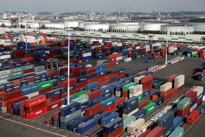 © Reuters. FILE PHOTO - Shipping containers sit stacked at the Port 2000 terminal in the Port of Le Havre