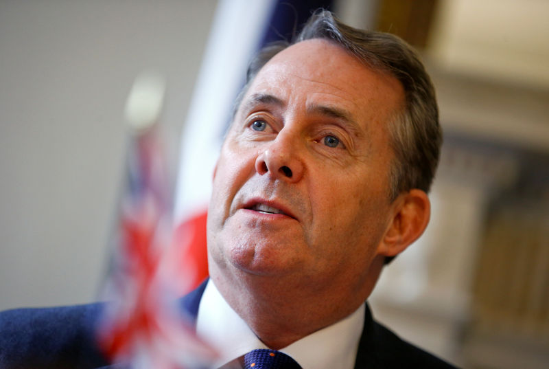 © Reuters. Britain's International Trade Secretary Liam Fox speaks during a signing of a trade continuity agreement with the Pacific Islands, as the government seeks a Brexit solution, in London