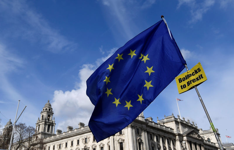 © Reuters. An anti-Brexit placard and EU flag are held aloft outside of the Houses of Parliament, in London, Britain