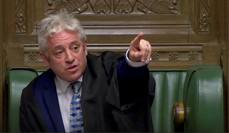 © Reuters. Speaker of the House John Bercow gestures as he speaks after tellers announced the results of the vote Brexit deal in Parliament in London