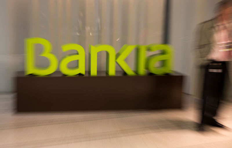© Reuters. Spain's Bankia logo is seen inside bank's headquarters before a news conference to present their annual results in Madrid