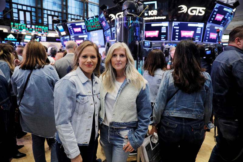 © Reuters. FILE PHOTO: Jennifer Sey, Chief Marketing Officer, and Karyn Hillman, Chief Product Officer of Levi Strauss & Co have their photograph taken during the company's IPO on the floor of the New York Stock Exchange (NYSE) in New York