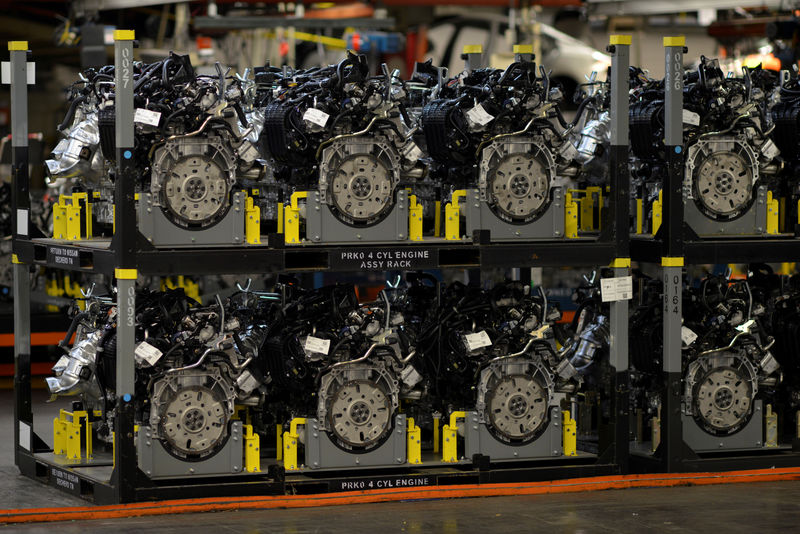 © Reuters. FILE PHOTO: Pre assembled engines are stacked and ready for installation at Nissan Motor Co's automobile manufacturing plant in Smyrna Tennessee