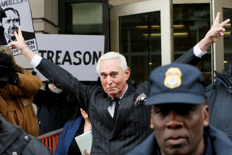 © Reuters. FILE PHOTO: Roger Stone departs after status hearing at U.S. District Court in Washington