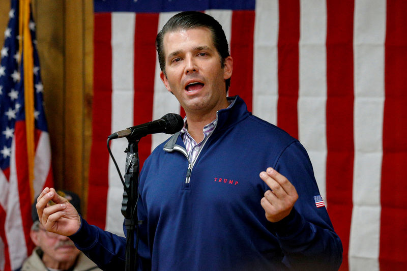 © Reuters. FILE PHOTO: U.S. President Donald Trump's son, Donald Trump Jr. speaks during campaign event for Republican congressional candidate Rick Saccone at the Blaine Hill Volunteer Fire dept. in Elizabeth Township, Pennsylvania