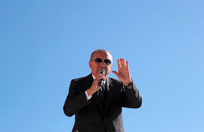© Reuters. Turkish President Tayyip Erdogan addresses supporters during a rally for the upcoming local elections, in Istanbul