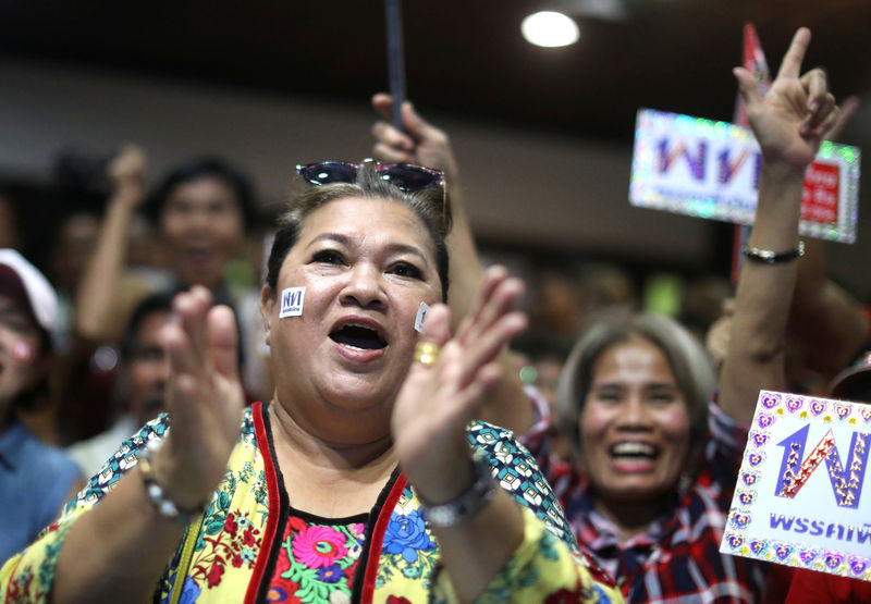 © Reuters. Supporters of Pheu Thai Party react after unofficial results, during the general election in Bangkok