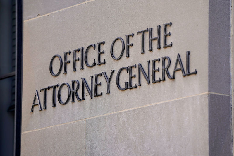 © Reuters. A sign of the Office of the Attorney General is displayed on the Department of Justice building in Washington