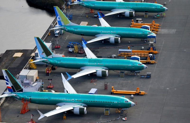 © Reuters. FILE PHOTO: An aerial photo shows Boeing 737 MAX airplanes parked at the Boeing Factory in Renton