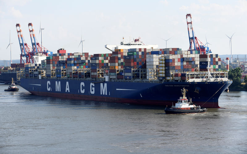 © Reuters. Container ship CMA CGM Georg Forster arrives at a loading terminal in the port of Hamburg