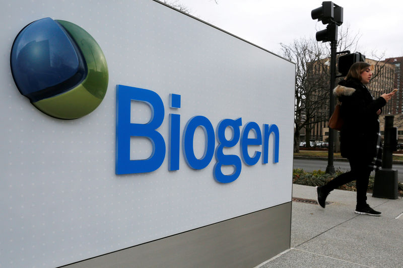 © Reuters. FILE PHOTO: A sign marks a Biogen facility in Cambridge