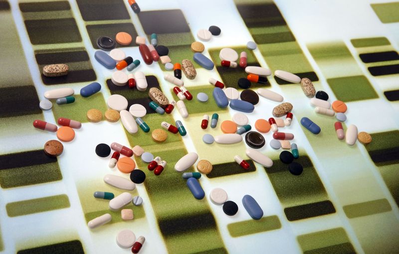 © Reuters. Foto de archivo. Tabletas farmacéuticas y cápsulas ordenadas sobre un fondo impreso con un patrón de ADN, en esta ilustración tomada en Liubliana, Eslovenia.