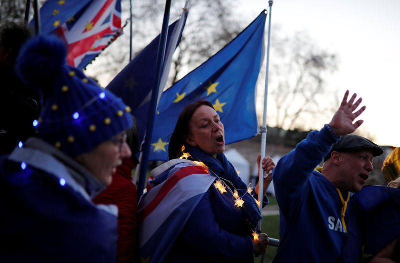 © Reuters. Anti-Brexit demonstrators gather outside the Houses of Parliament, in Westminster, London