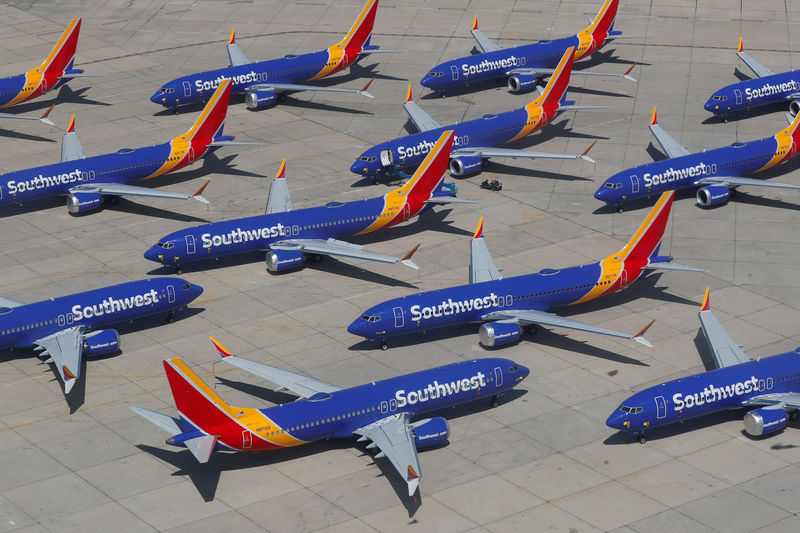 © Reuters. A number of grounded Southwest Airlines Boeing 737 MAX 8 aircraft are shown parked at Victorville Airport in Victorville, California
