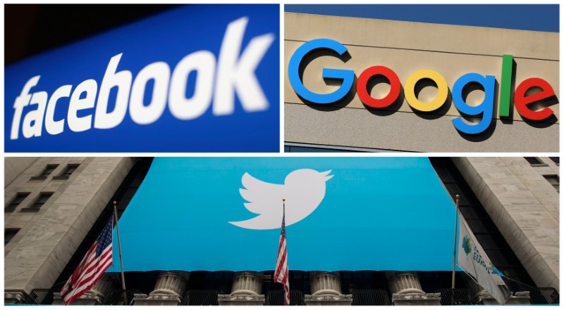 © Reuters. A combination photo from files of Facebook Google and Twitter logos