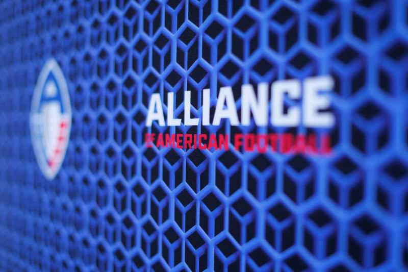 © Reuters. FILE PHOTO: The logo for the Alliance of American Football League is shown at media event at SDCCU Stadium where the new league introduced a team and head coach to San Diego