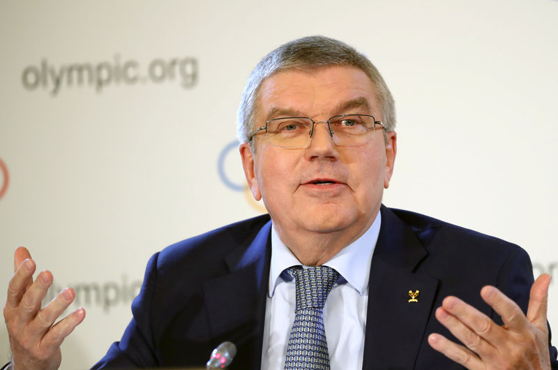 © Reuters. Bach President of the IOC attends a news conference after an Executive Board meeting in Lausanne