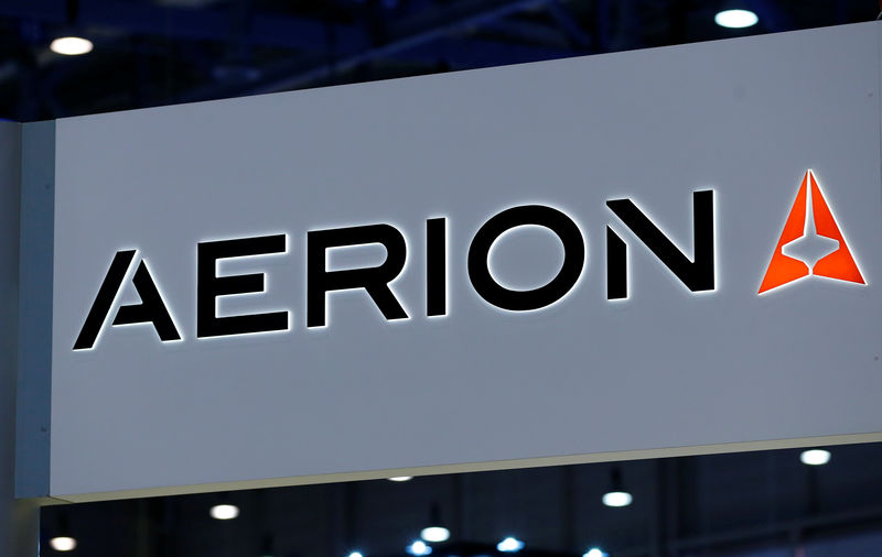 © Reuters. A logo of supersonic jet maker Aerion Corporation is pictured on their booth during EBACE in Geneva