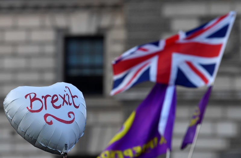 © Reuters. FOTO DE ARCHIVO: Manifestantes pro-Brexit exhiben un globo en una manifestación en Londres