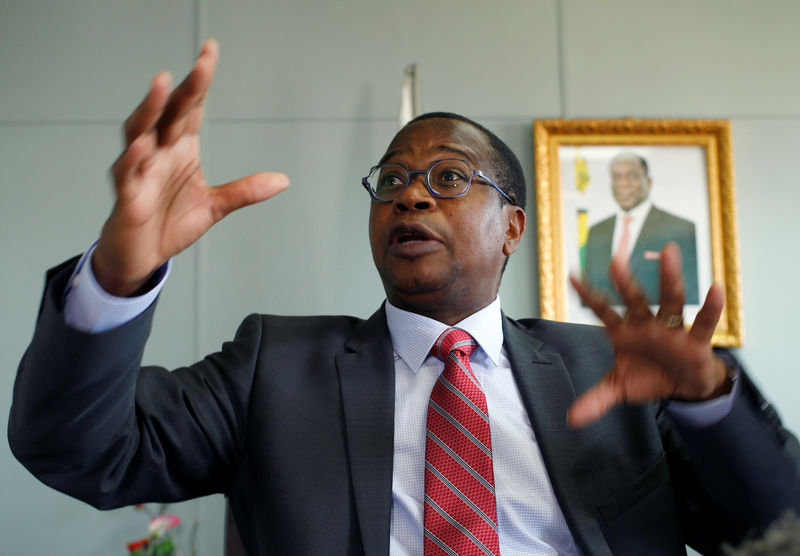 © Reuters. FILE PHOTO:  Finance Minister Mthuli Ncube gestures during a media briefing in Harare