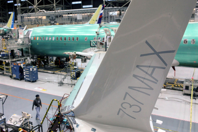 © Reuters. FILE PHOTO: A wing of the Boeing 737 MAX is pictured during a media tour of the Boeing 737 MAX at the Boeing plant in Renton, Washington