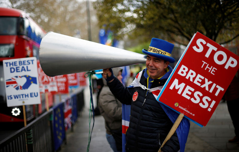 © Reuters. An anti-Brexit protester demonstrates outside the Houses of Parliament in London