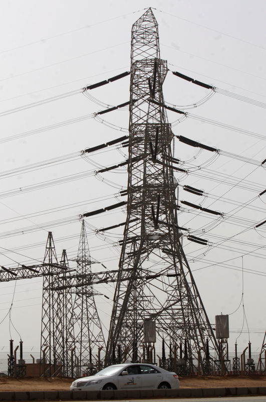 © Reuters. FILE PHOTO: A car drives past electricity poles erected in east of Riyadh April 23, 2012.Reuters/Fahad Shadeed/File Photo