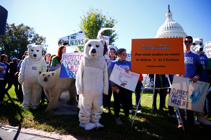 © Reuters. Activists attend a protest against the legislation that would open Wilderness in Alaska to oil drilling on Capitol Hill in Washington