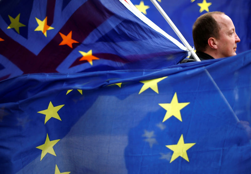 © Reuters. FILE PHOTO:  An anti-Brexit protester is seen among EU flags outside the Houses of Parliament in London