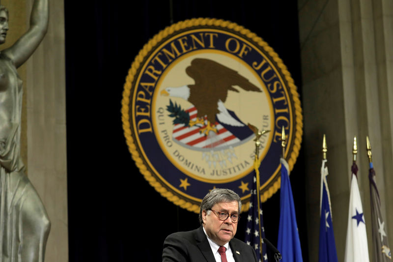 © Reuters. FILE PHOTO: Attorney General William Barr delivers remarks at a Justice Department African American History Month event