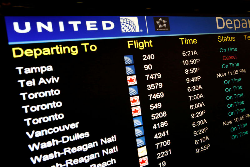 © Reuters. FILE PHOTO: A United Airlines electronic departure board is pictured inside the terminal at Newark International Airport in New Jersey