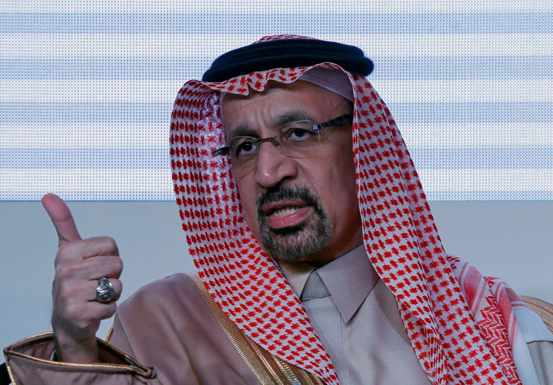 © Reuters. FILE PHOTO: Saudi Arabia's Energy Minister Khalid al-Falih speaks during the Saudi-India Forum in New Delhi