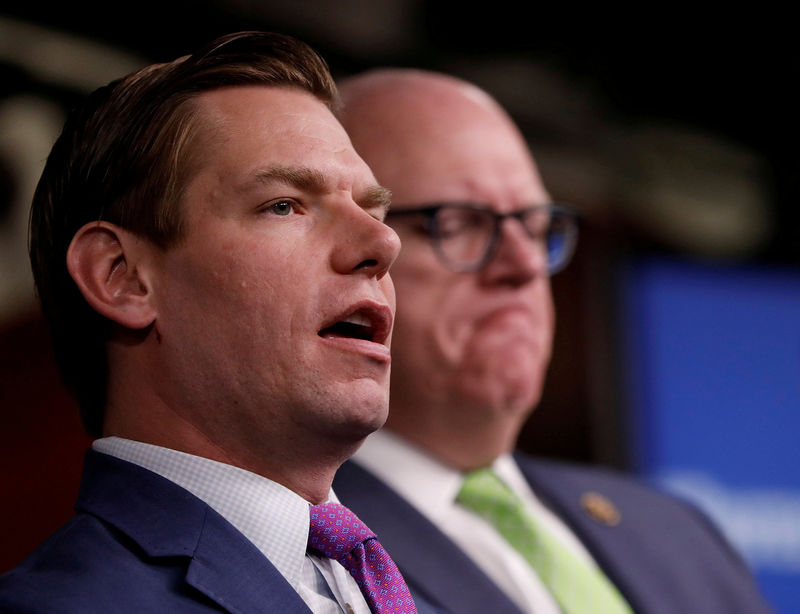 © Reuters. FILE PHOTO - Rep. Eric Swalwell (D-CA) speaks about recent revelations about President Donald Trump's involvement with Russia, on Capitol Hill in Washington