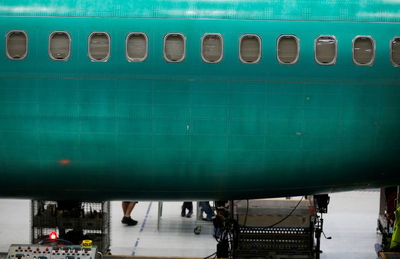 © Reuters. Part of the unpainted fuselage of a 737 Max aircraft at the Boeing factory in Renton