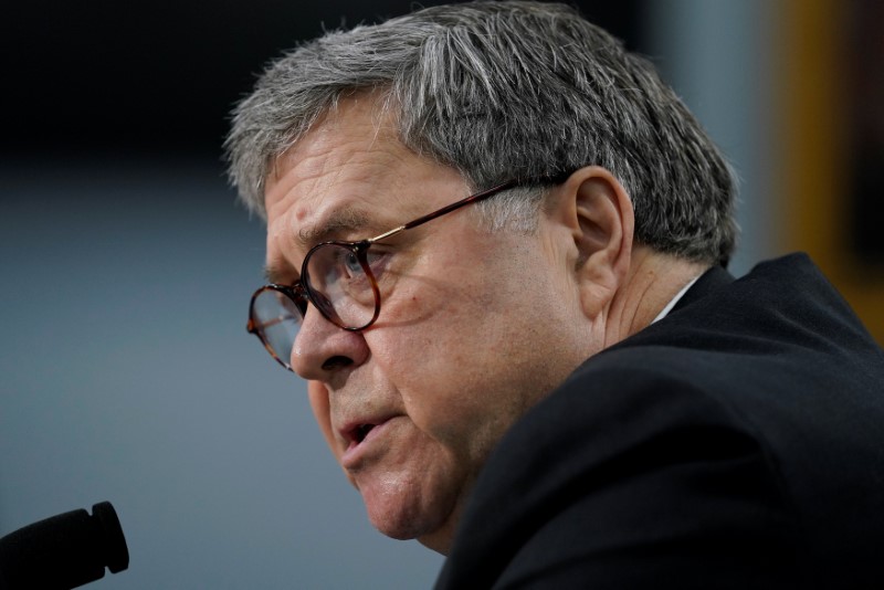 © Reuters. O secretário de Justiça dos Estados Unidos, William Barr, durante audiência no Congresso, em Washington