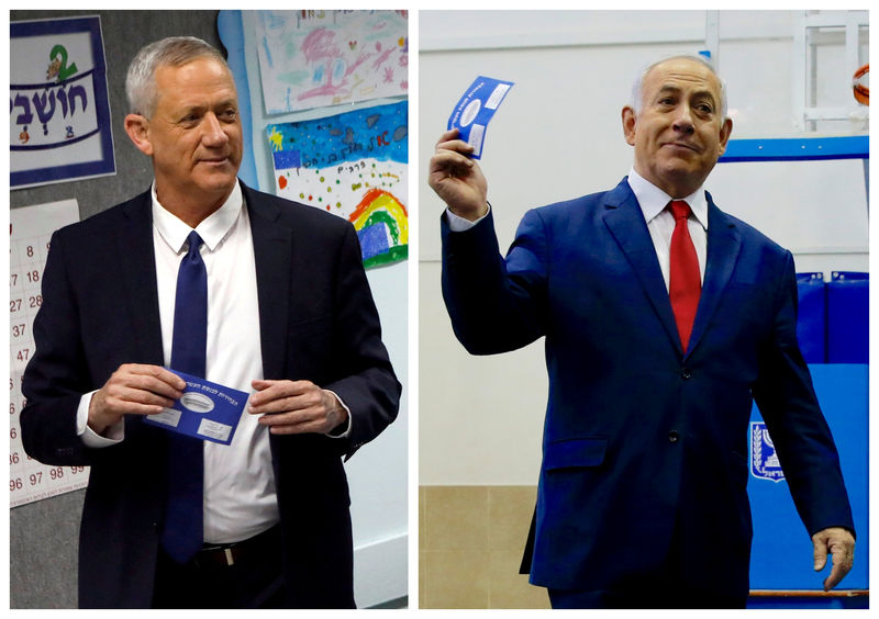 © Reuters. Combinación de fotos de los candidatos Benny Gantz (izquierda), líder del partido Azul y Blanco, y Benjamín Netanyahu, primer ministro, votando en  Rosh HaAyin y Jerusalén, en Israel.