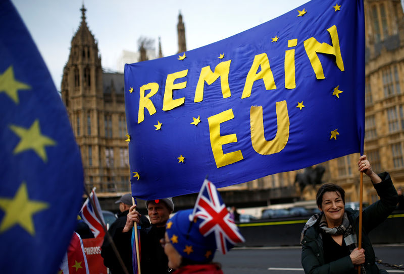 © Reuters. Anti-Brexit demonstrators protest outside the Houses of Parliament in London