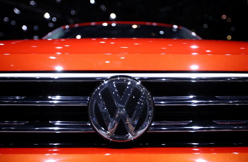 © Reuters. FILE PHOTO: A Volkswagen logo is seen on a new car model at the 89th Geneva International Motor Show