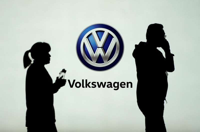 © Reuters. FILE PHOTO: People pass in front of a Volkswagen logo ahead of the Shanghai Auto Show