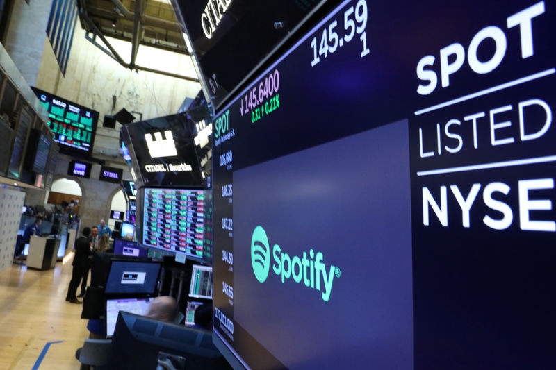 © Reuters. A screen displays the company logo and trading info for Spotify on the floor at the NYSE in New York