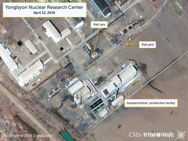 © Reuters. Handout photo of a satellite image showing a view of what researchers of Beyond Parallel, a CSIS project, describe as specialized rail cars at the Yongbyon Nuclear Research Center in North Korea