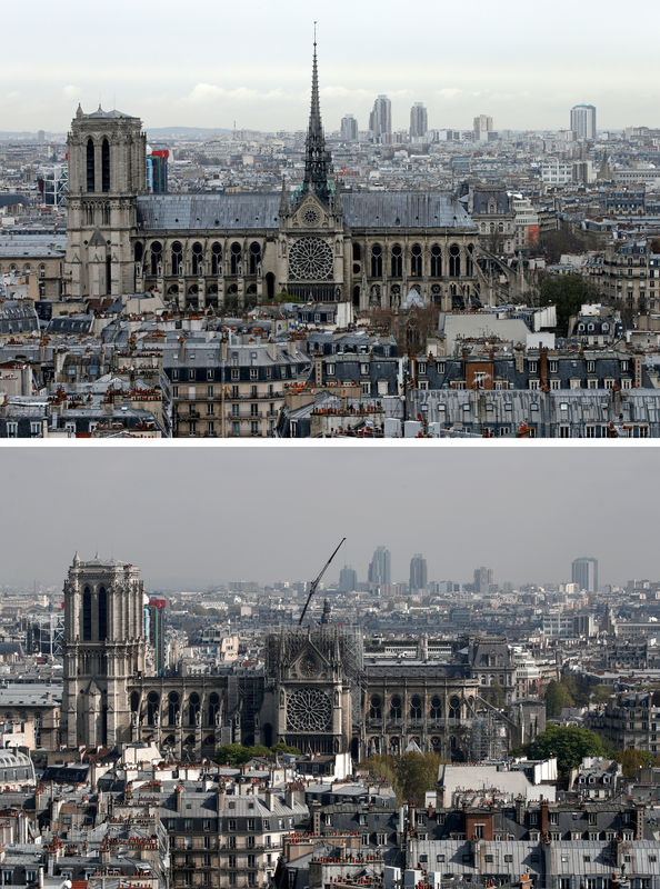 © Reuters. Combinação de fotos da Catedral de Notre-Dame antes e depois de incêndio