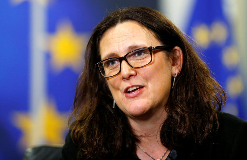 © Reuters. FILE PHOTO: EU Commissioner Malmstrom speaks during an interview with Reuters in Brussels