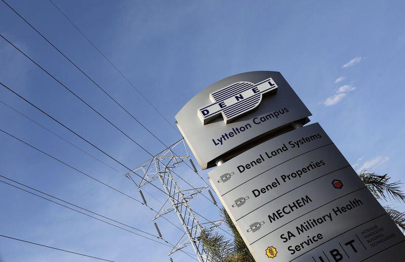 © Reuters. A Denel company logo is seen at the entrance of their business divisions in Pretoria