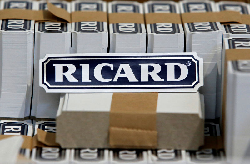 © Reuters. FILE PHOTO: The logo of Ricard is seen on labels at the Ricard manufacturing unit in Lormont, near Bordeaux