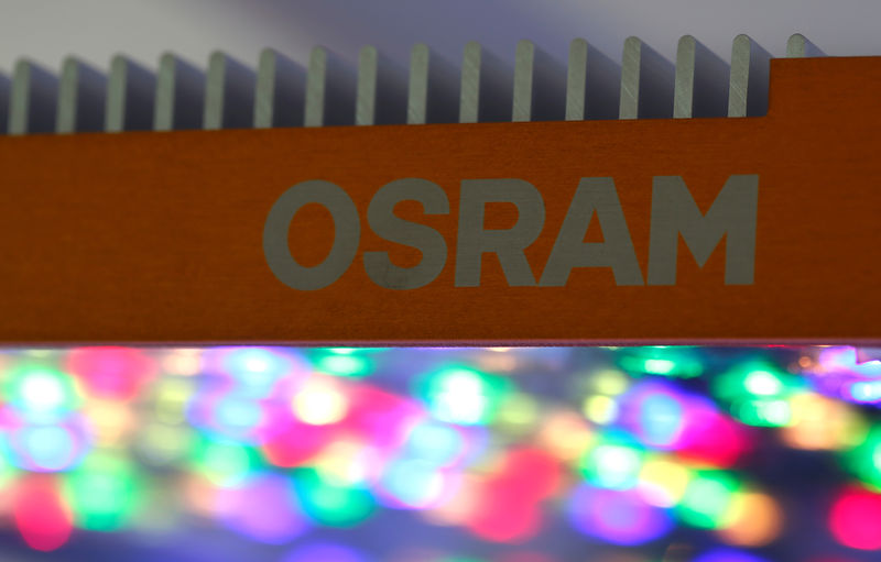 © Reuters. Logo of lamp manufacturer Osram is pictured in front of horticulture LED Research Light during opening of 'World of light' showroom in Munich